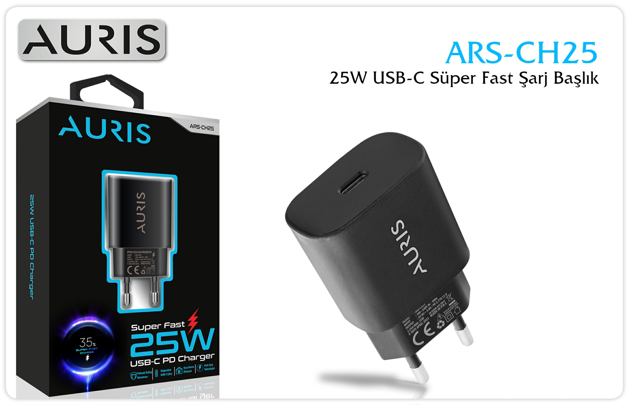 Auris CH25 Siyah USB-C 25W Şarj Kafası 